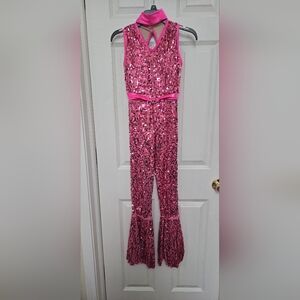 Pink Sequin Jumpsuit with Satin Belt